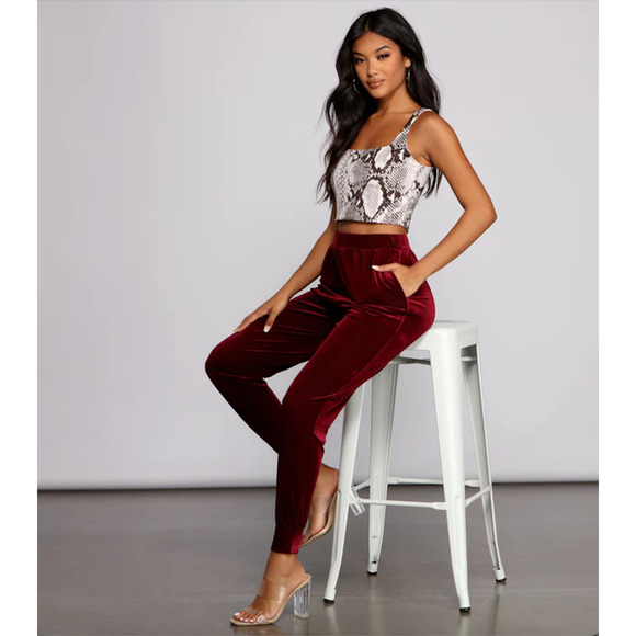 Windsor M Maroon High Waist Luxe Velvet Straight Leg Pants - Picture 8 of 8